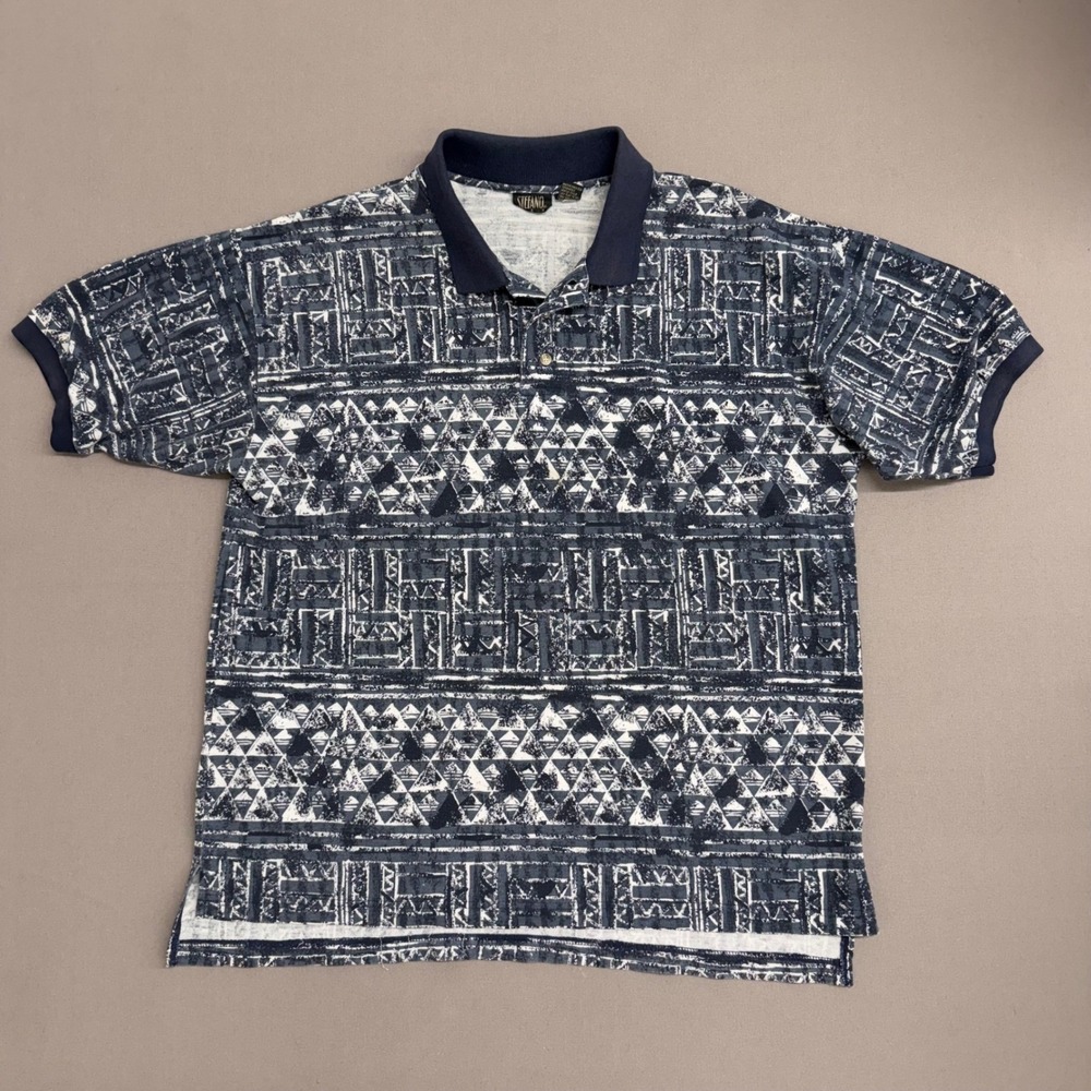 Stefano Mens XL Polo Shirt Navy Blue White Geometric Tribal Print Short Sleeve